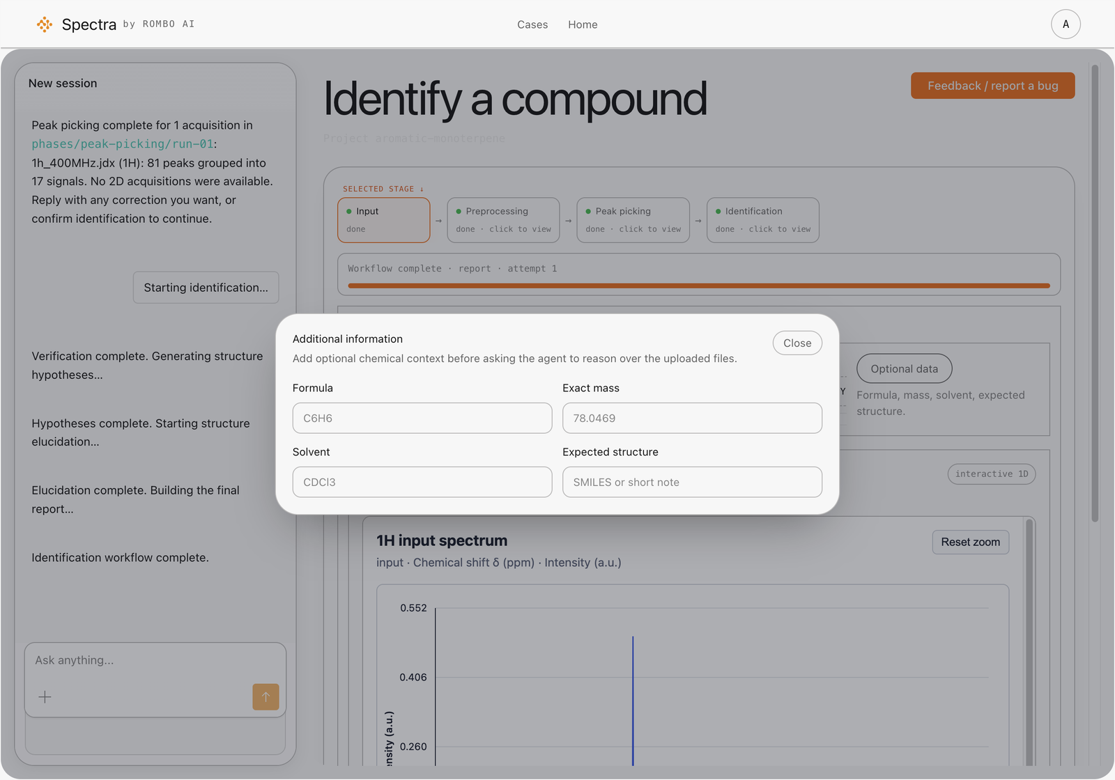 Entering optional context — molecular formula, exact mass, solvent, and expected structure — before running verification.
