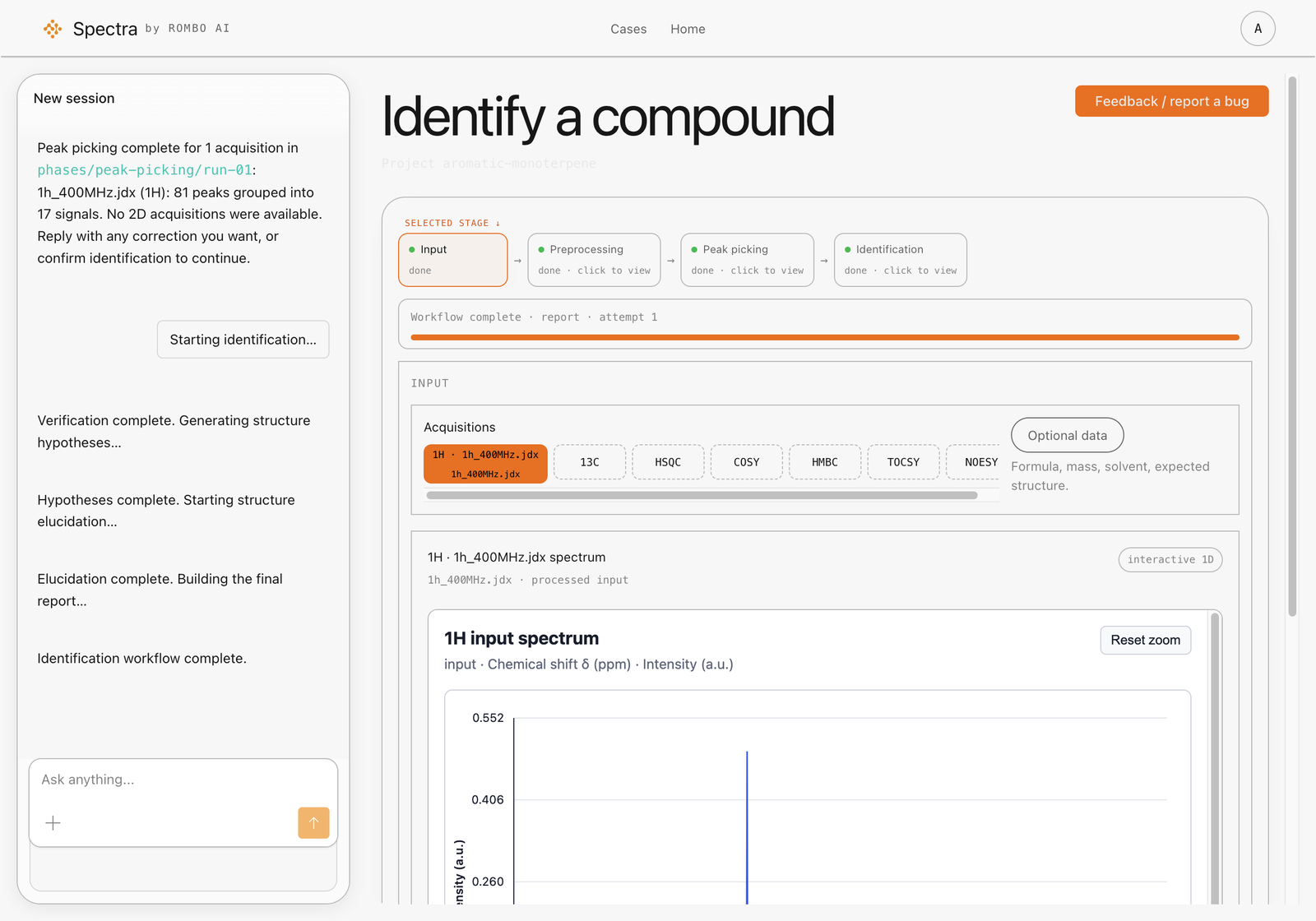 Loading 1H, 13C, and supporting 2D acquisitions (HSQC, COSY, HMBC, TOCSY, NOESY) with parent-structure context.