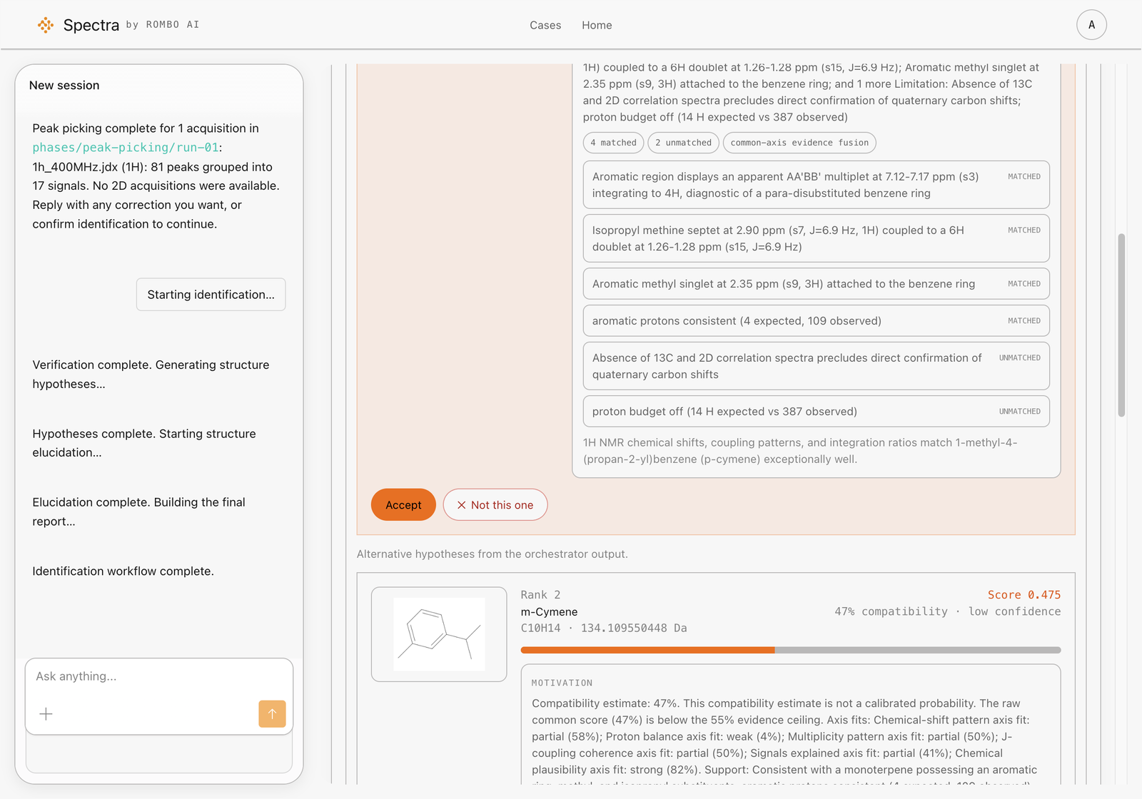Spectra candidate review with matched and unmatched evidence cards